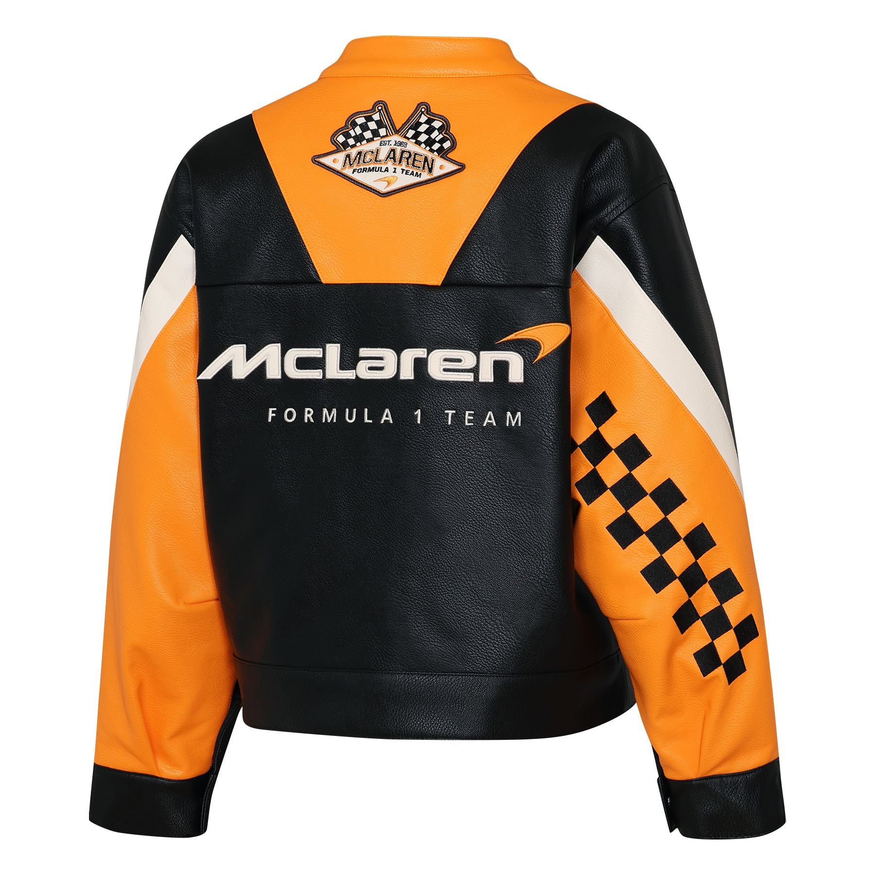 McLaren Racing F1 Roaring Engines Cropped Faux Leather Jacket Womens - Black