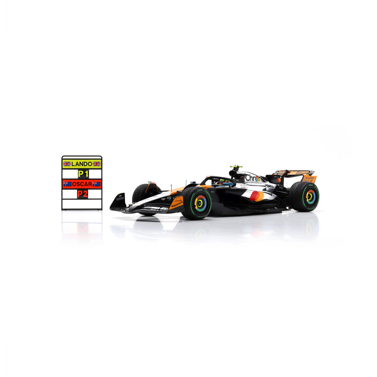 Spark McLaren F1 Team MCL39 Lando Norris 2025 Silverstone GP Winner F1 Car And Pit Board Adults - Chrome - 1:18 Scale